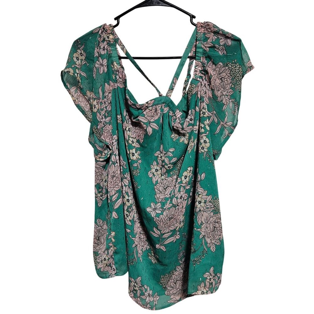 Torrid Green Floral Blouse Womens Size 2x Cold Shoulder Top Cross Strap Back